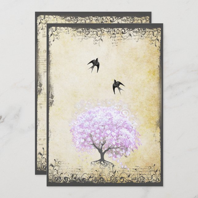 Heart Leaf Lavender Tree Vintage Bird Wedding Invitation (Front/Back)