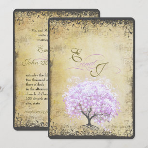 Heart Leaf Lavender Tree Vintage Bird Wedding Invitation