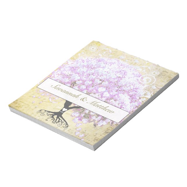 Heart Leaf Lavender Tree Vintage Bird Wedding Notepad (Rotated)