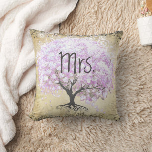 Heart Leaf Lavender Tree Vintage Bird Wedding Throw Pillow
