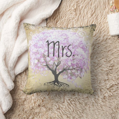 Heart Leaf Lavender Tree Vintage Bird Wedding Throw Pillow