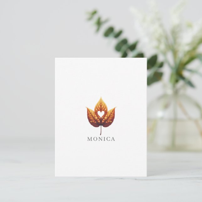 Heart Leaf Minimalist Orange Personalized Note Card (Standing Front)