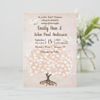 Heart Leaf Pale Blush Pink Tree Dove Wedding Invitation