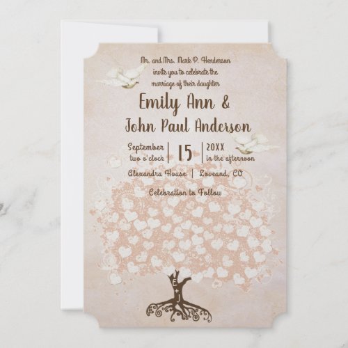 Heart Leaf Pale Blush Pink Tree Dove Wedding Invitation