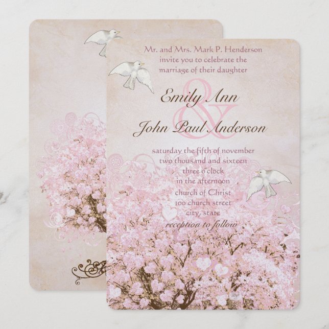 Heart Leaf Pale Dogwood Pink Tree Dove Wedding Invitation (Front/Back)