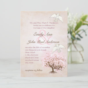 Heart Leaf Pink and Love Bird Brown Tree Dove Invitation