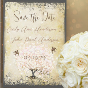 Heart Leaf Pink Tree Vintage Bird Save the Date