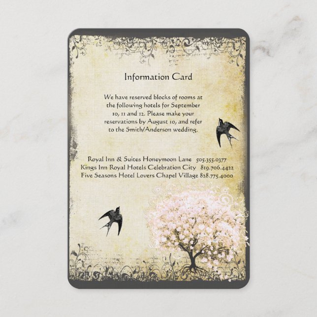Heart Leaf Pink Tree Vintage Wedding Info Cards (Front)