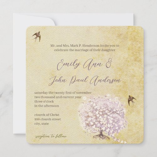 Heart Leaf Purple Tree Vintage Bird Wedding Invite