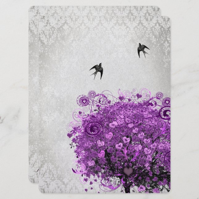 Heart Leaf Radiant Purple Tree Birds Wedding Invitation (Front/Back)