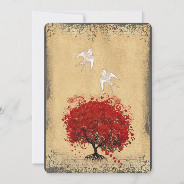 Heart Leaf Red Tree Dove Love Bird Wedding Invite (Front)