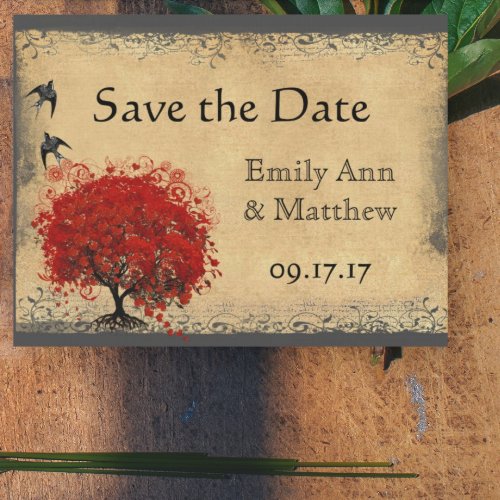 Heart Leaf Red Tree Vintage Bird Save the Date