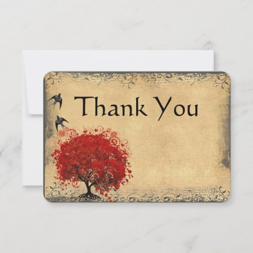 Heart Leaf Red Tree Vintage Bird Wedding Thank You