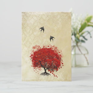 Heart Leaf Red Tree Vintage Birds Wedding Invites