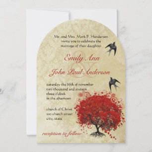 Heart Leaf Red Tree Vintage Birds Wedding Invites