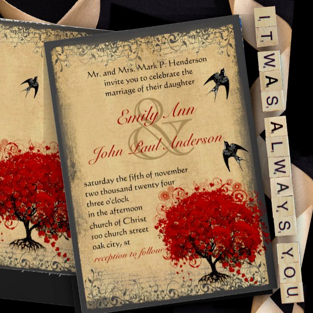 Heart Leaf Red Tree Vintage Birds Wedding Invites (Creator Uploaded)