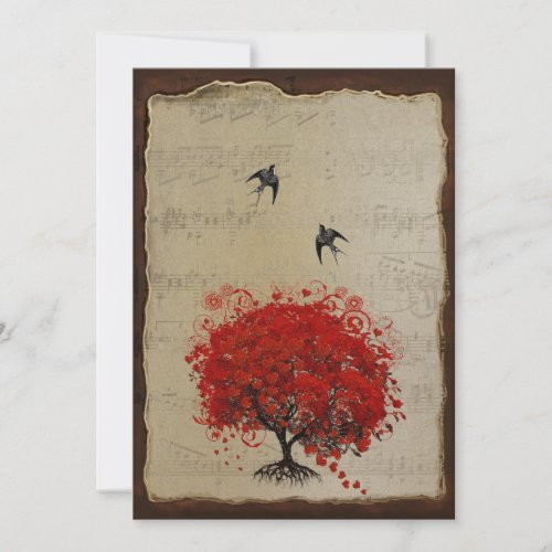 Heart Leaf Red Tree Vintage Birds Wedding Invites