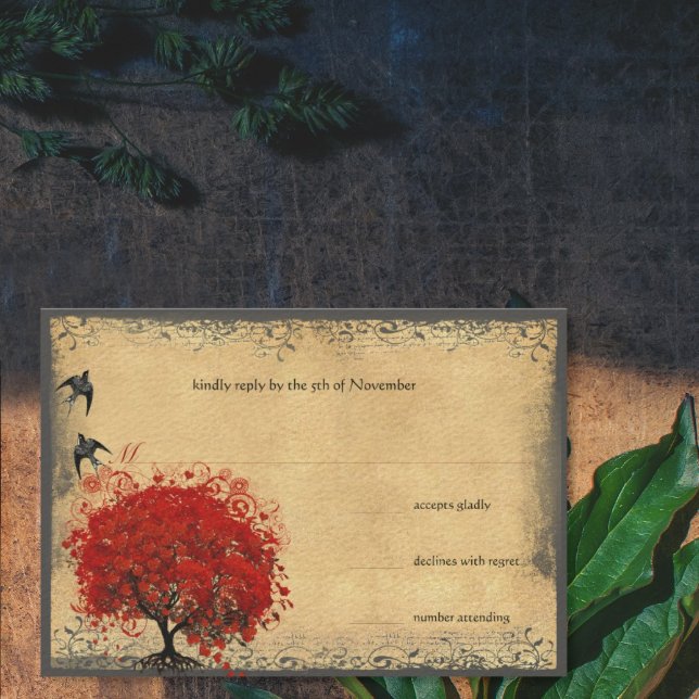 Heart Leaf Red Tree Vintage Birds Wedding RSVP (Creator Uploaded)