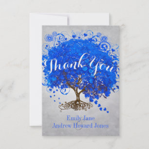 Heart Leaf Royal Blue Tree Thank You Wedding Card