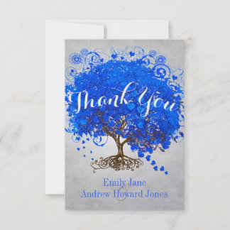 Heart Leaf Royal Blue Tree Thank You Wedding Card