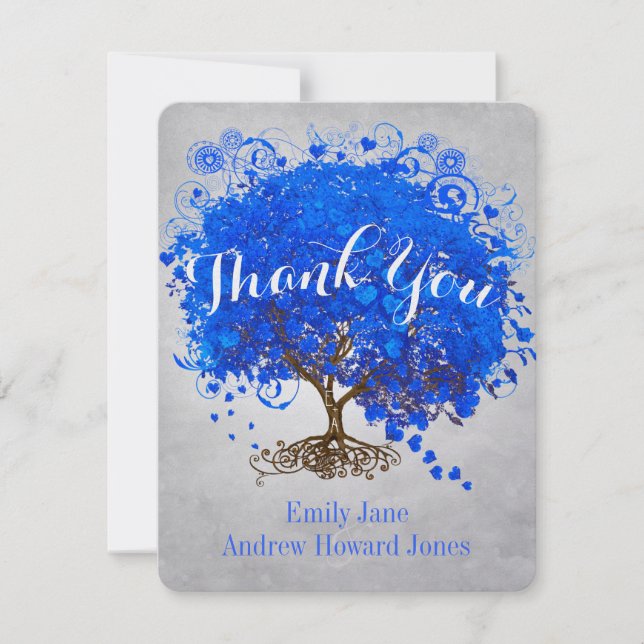 Heart Leaf Royal Blue Tree Thank You Wedding Card (Front)