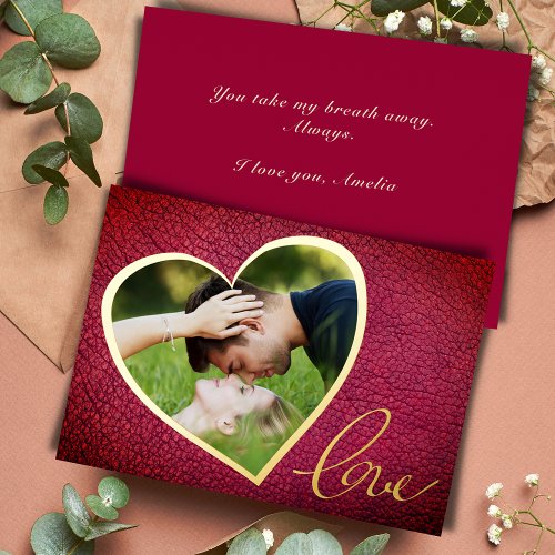 Heart Leather Print Love Valentines Day Photo  Foil Holiday Card