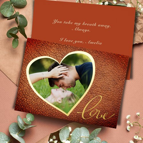 Heart Leather Print Love Valentines Day Photo Foil Holiday Card