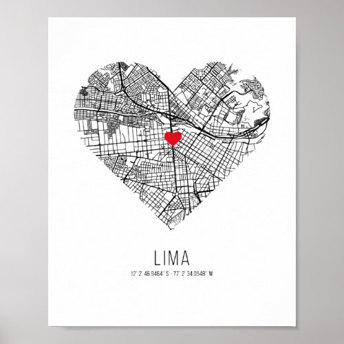 Heart Lima City Map Peru Poster