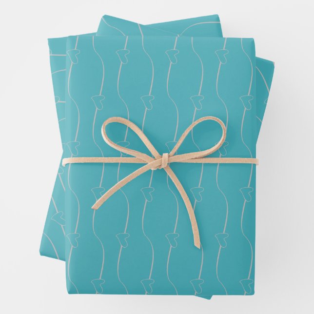 Heart Link Silver Verdigris Wedding Engagement Wrapping Paper Sheets (In situ)