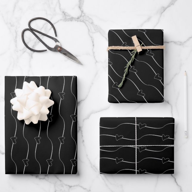 Heart Link White on Black Wedding Engagement Wrapping Paper Sheets (Front)