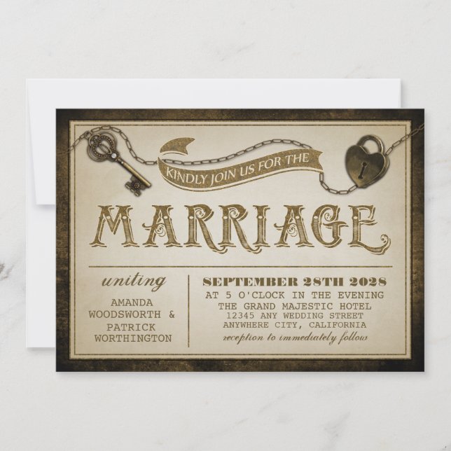Heart Lock and Skeleton Key Wedding Invitations (Front)