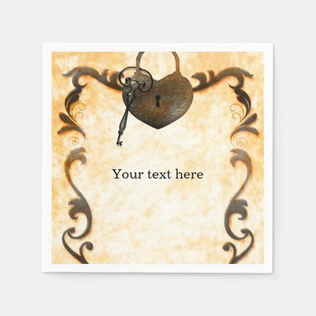 Heart Lock & Key Vintage Antique Napkins (Front)