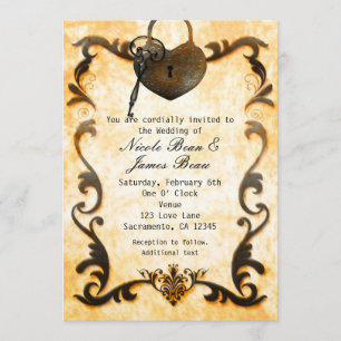Heart Lock & Key Vintage Rustic Wedding Invitation