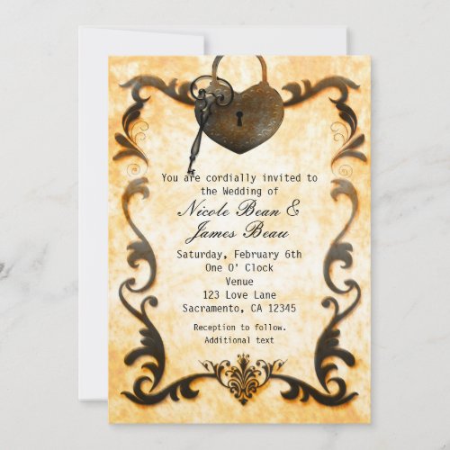 Heart Lock  Key Vintage Rustic Wedding Invitation