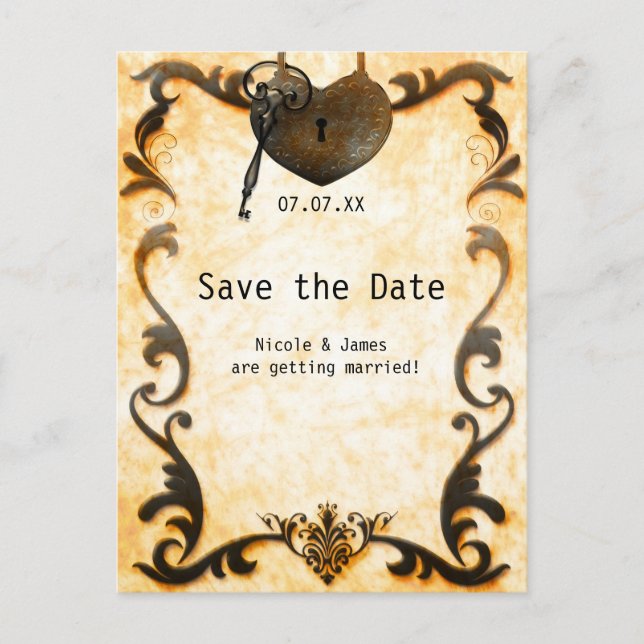 Heart Lock & Key Vintage Save The Date Postcard (Front)