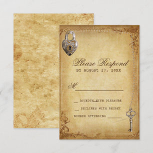 Heart lock & key vintage wedding skeleton key RSVP card