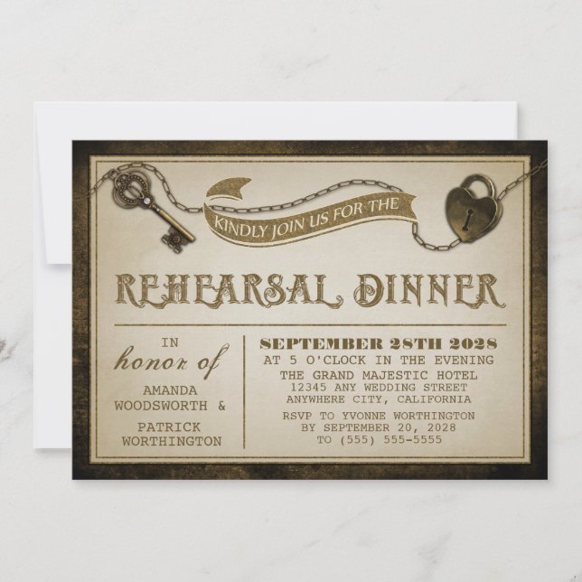 Heart Lock Skeleton Key Rehearsal Dinner Invites (Front)