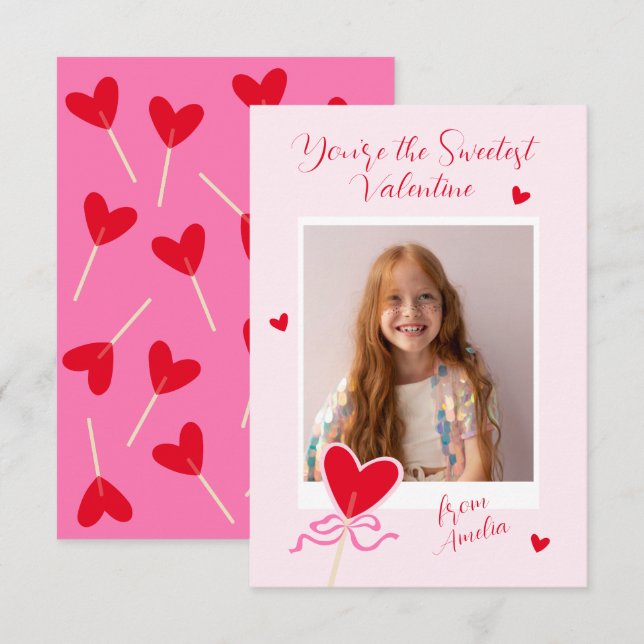 Heart Lollipop Photo Bow Sweetest Valentine Love Note Card (Front/Back)