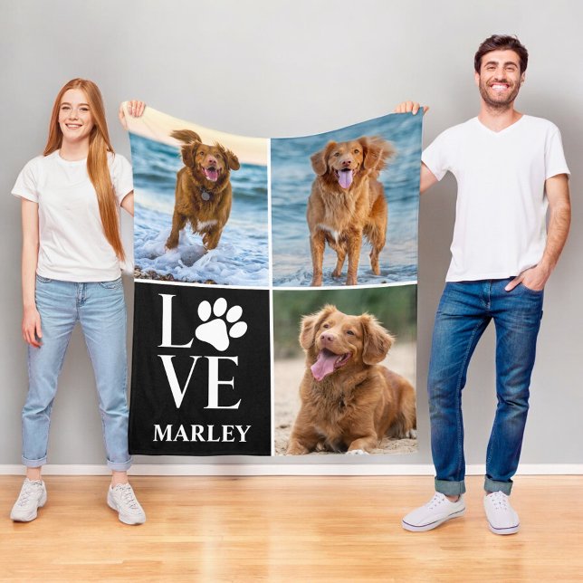 Heart Love Dog Lover Name Photo Collage Pet Fleece Blanket (Creator Uploaded)