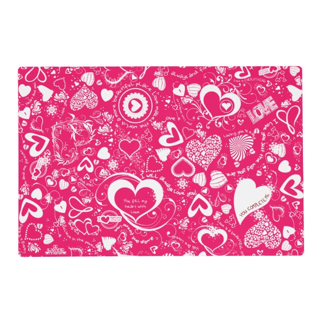 Heart Love Doodles Pink-white-Laminated Placemat (Front)