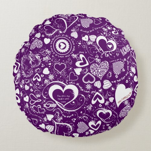 Heart Love Doodles Purple Round Throw Pillow