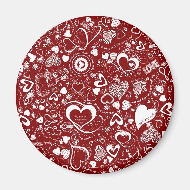 Heart Love Doodles Red-White-Round Magnet (Front)