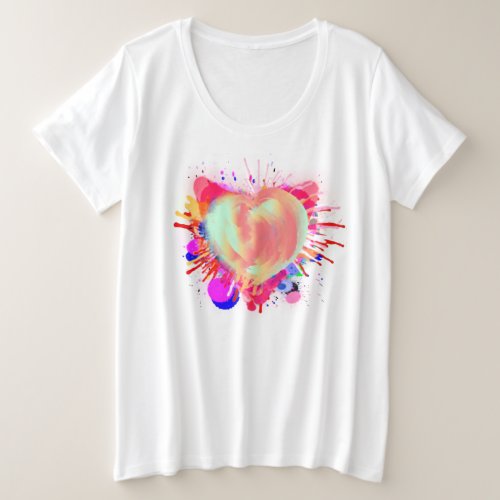 Heart Love Watercolor Brush Splatter Paint Rainbow Plus Size T_Shirt