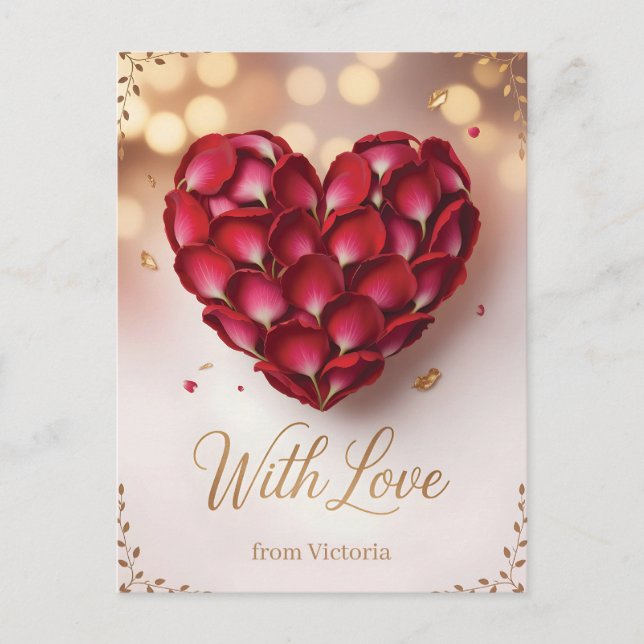 Heart Made of Deep Red Rose Petals and Gold Script Postcard (Front)