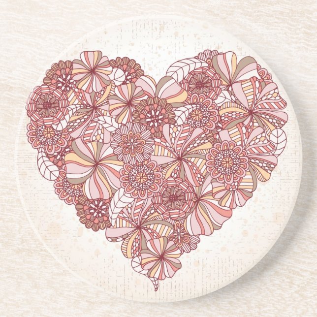 Heart made of hand drawn flowers drink coaster (Front)