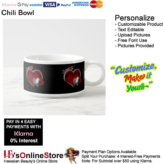 Heart Magic Black Chili Bowl (Love Heart Black Glass Meal Chili Serving Bowl.)