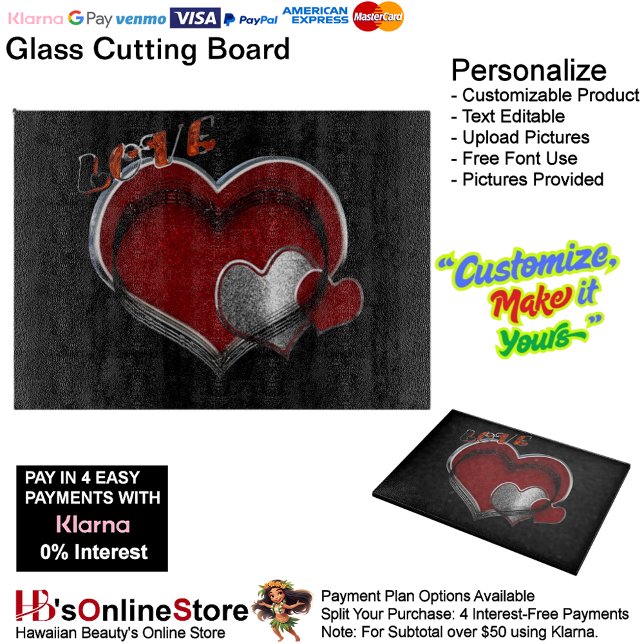 Heart Magic Black Glass Cutting Board 38.1x27.9cm (Love Heart Black Cooking Glass Cutting Board.)