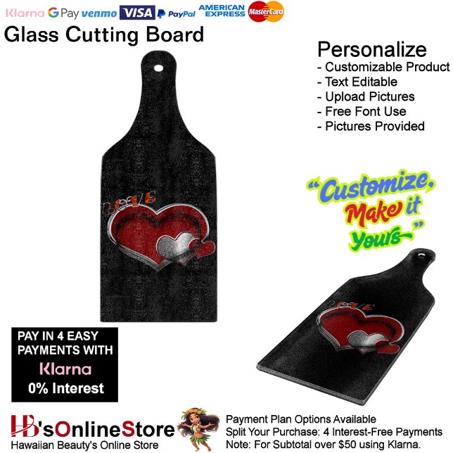Heart Magic Black Glass Cutting Board Paddle (Love Heart Black Cooking Kitchen Glass Cutting Board.)