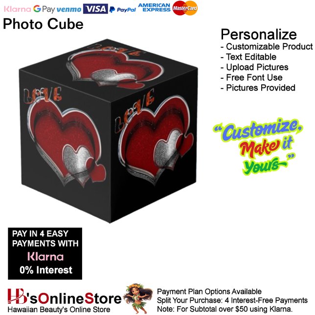 Heart Magic Black Photo Cube  (Love Heart Red Silver with Black Background Cube.)