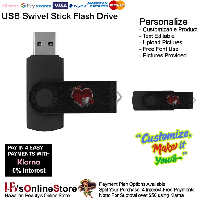 Heart Magic Black USB Swivel Flash Drive 64 GB (Love Heart Black Flash Drive Stick for Home Office School & Business.)